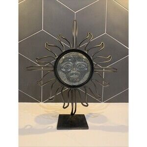 Vintage Sunshine Rays Metal Candle Holder with Glass Moon Face UNIQUE RARE